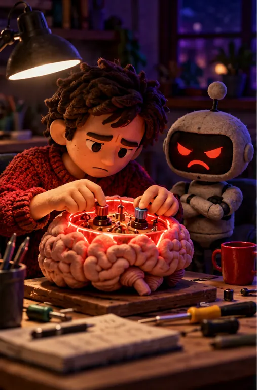 A hobbyist at a home desk reaches into a glowing clay model brain and turns one tiny dial up and another down; the friendly robot beside it scowls.