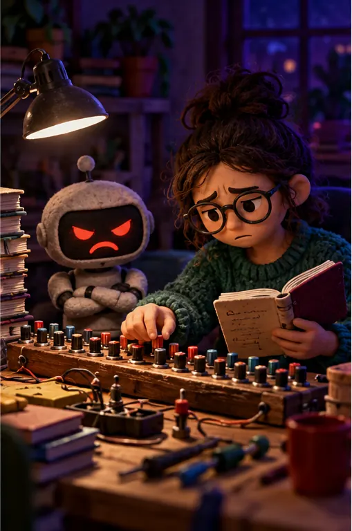 A second hobbyist at another desk tests a long row of tiny dials one by one and the robot scowls in reply to many of their notes.