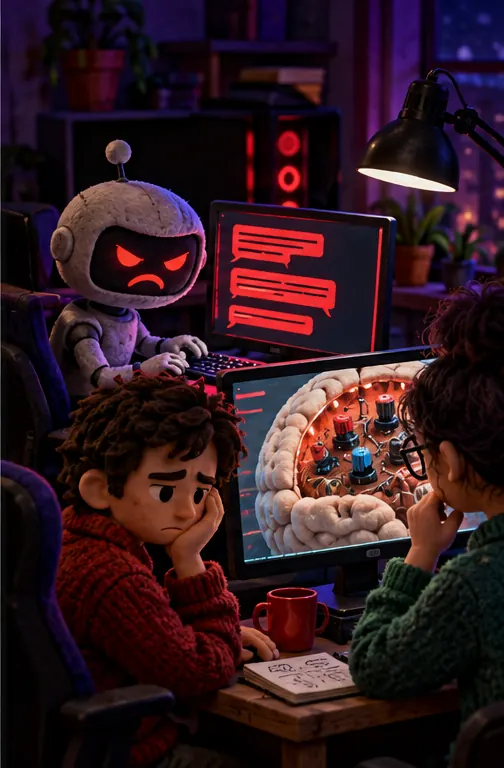 The scowling robot only types hostile words on a screen, its hands otherwise empty; the hobbyist sits beside a gaming computer, and a second person watches the dials as a monitor.