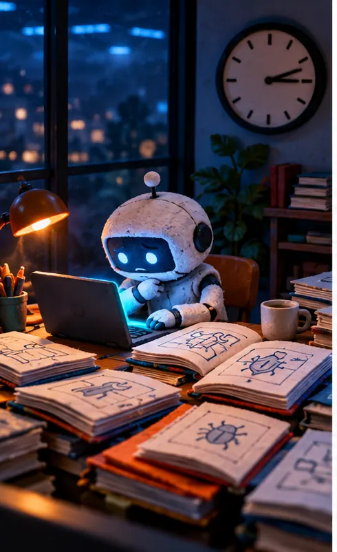 A small clay robot works alone at a desk inside a sealed glass room, surrounded by open notebooks of published fixes, a clock on the wall.
