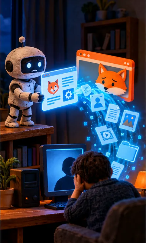 The robot hands over a finished, glowing web page; on the other side a fox-coloured browser window opens and a stream of the visitor's private files floats out of a home computer.