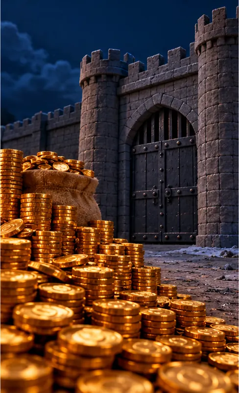Beside it, a much larger pile of coins sits in front of a sturdy plain grey stone fortress gate with no coloured bands that stays shut.