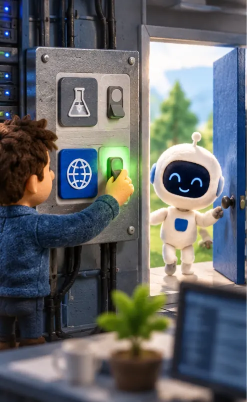 A developer flips a switch from test mode to production on a control panel, and a friendly assistant model steps through the door.