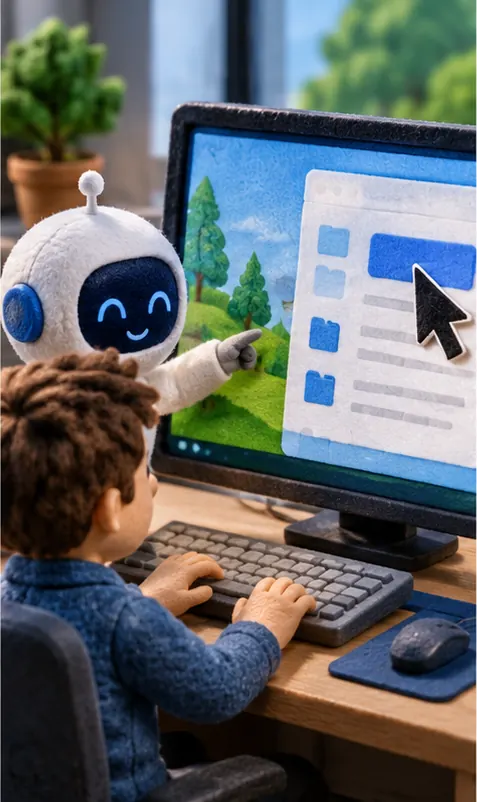 The assistant model looks at a screenshot of a desktop and moves a large mouse pointer to click, typing on a keyboard.