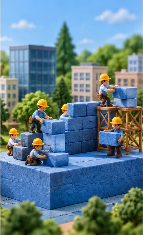 Companies start building on a sturdy new plain blue stone foundation with no markings, workers laying blocks on top of it.