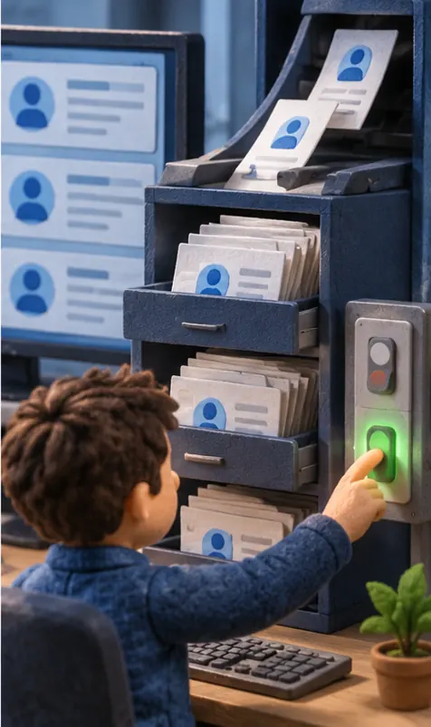 A storage cabinet quietly fills with request papers by default, while a developer reaches for an opt-out switch beside screens full of customer records.