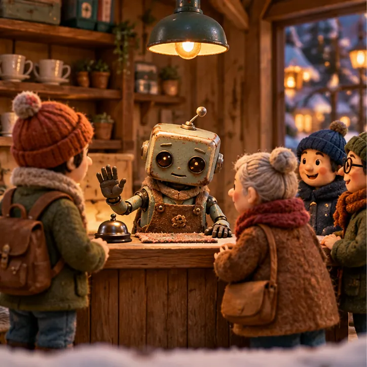 At a service counter, a newly arrived clay customer is politely turned away from an older robot, while longtime customers keep chatting with it