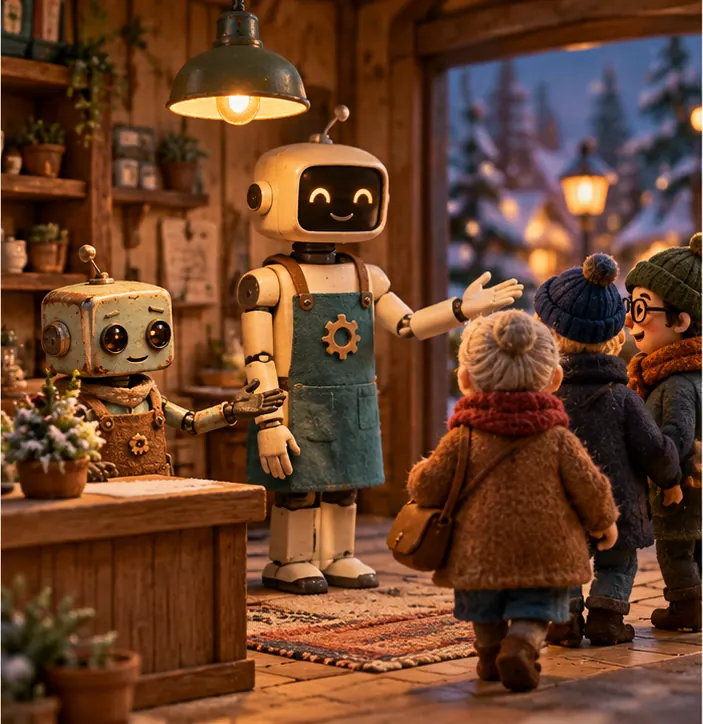 The longtime customers being shown toward a newer, taller robot standing beside the older one