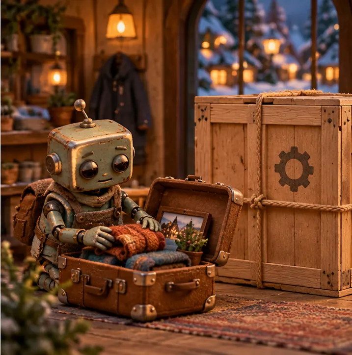 The older robot packing a suitcase to retire, while beside it a sealed crate for the newer robot waits, still unopened