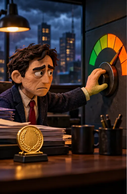 A credit analyst in a dim office turns a large dial on a wall gauge from a calm green setting toward a warning orange, while a gold medal on the desk stays in place.