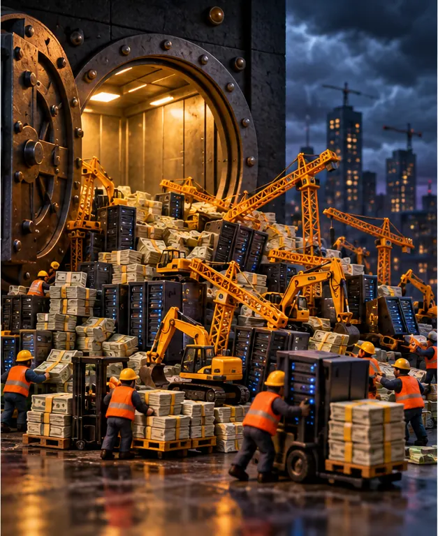A huge pile of construction cranes and server racks being bought with cash pours out of a company's open vault, leaving the vault floor bare for the first time.