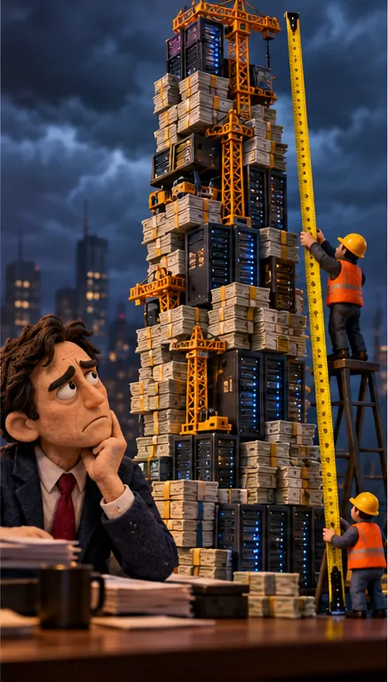 The analyst peers doubtfully at a tall tower of spending that keeps growing, a measuring tape held up beside it.