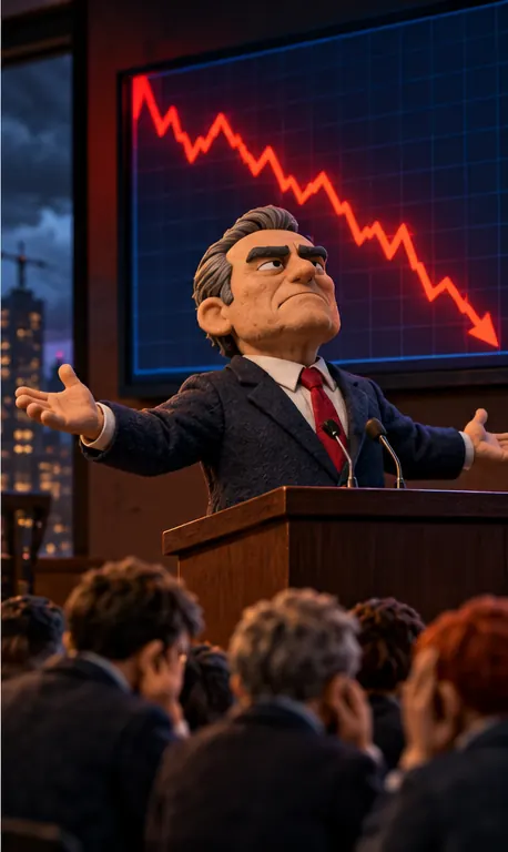 A company executive stands firm insisting all is well, while a stock chart on the wall behind slides steeply downward.