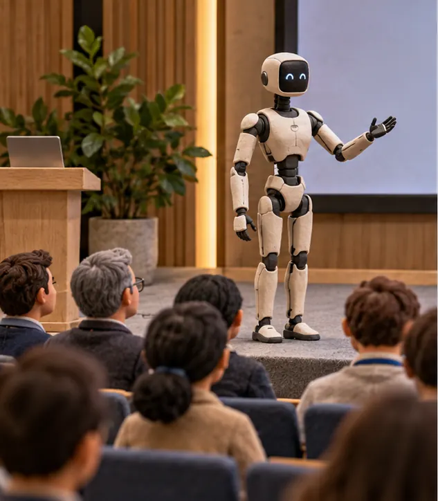 A slender clay humanoid robot standing on a small stage before a group of clay employees at an indoor company summit