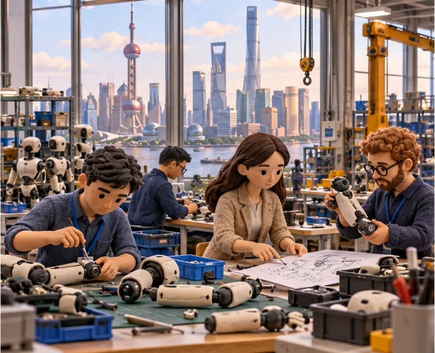 A team of visiting clay engineers and a woman executive working at workbenches beside robot parts inside a busy factory in Shanghai, the city's riverside towers visible through tall windows
