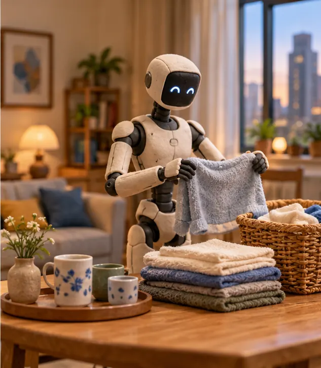 A single humanoid robot, the only robot in the room, folding laundry in a cosy home, a tray of cups on the table beside it