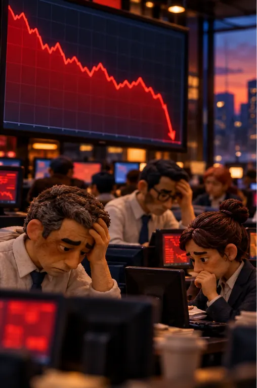 A trading floor at closing time on a Friday evening, traders slumped at their desks as a large wall screen shows a line dropping sharply at the end.