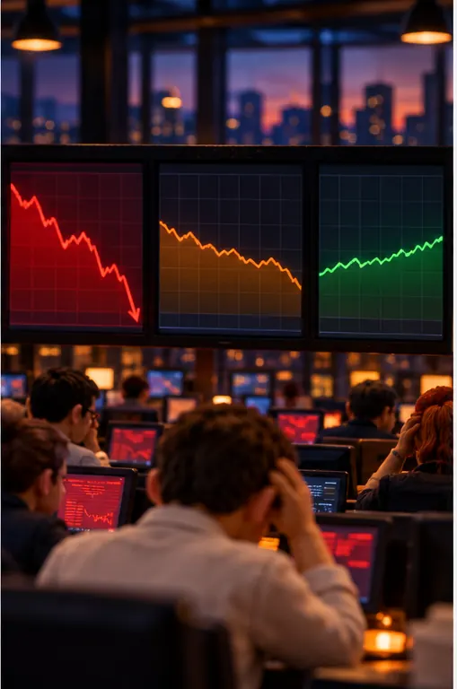 Three line charts on wall screens side by side: one falling steeply, one dipping slightly, one rising slightly.