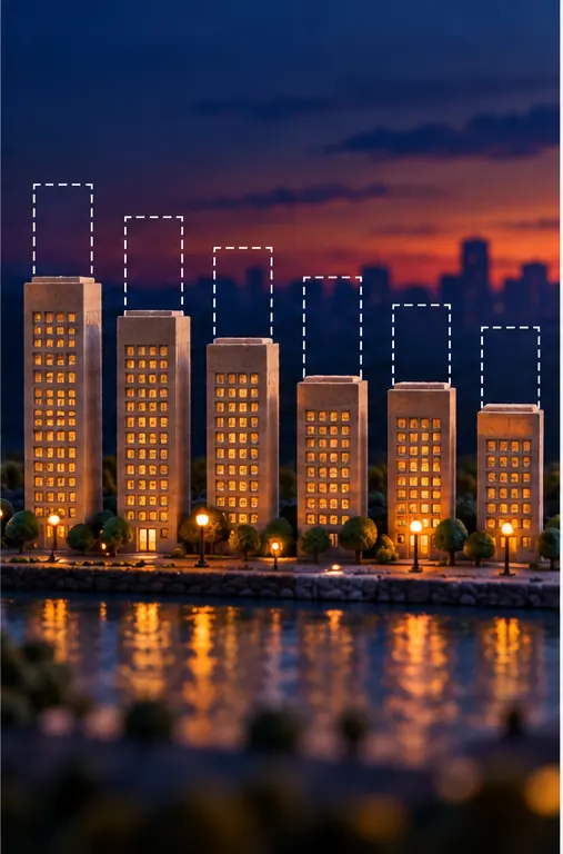 A row of six plain clay office towers, each shrunk down from a faint outline of its earlier, taller height, with no symbols or markings on them.