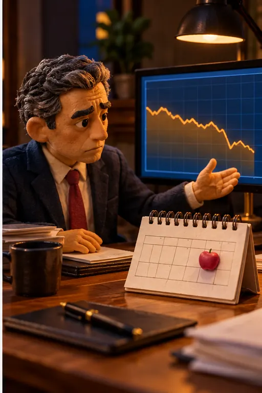A calm strategist at a desk gestures to a chart showing a modest dip, while an apple sits on a desk calendar for the coming Monday.