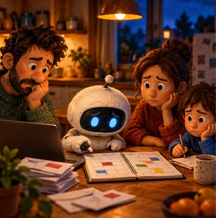 A small friendly phone assistant figure helps a family sort their email and calendar at a kitchen table.
