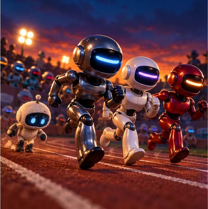 The assistant figure falls behind as bigger, shinier assistants stride past it in a race.