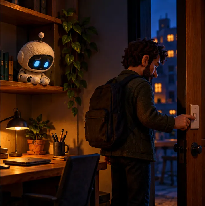 A founder turns off the lights of a small office and closes the door, the assistant figure sitting quietly on a shelf.