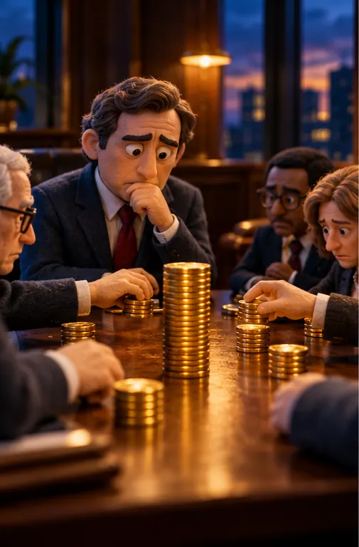 A businessman in a dim boardroom watches a tall stack of gold coins on the table shrink to about two thirds of its height as investors at the table pull some coins back toward themselves.