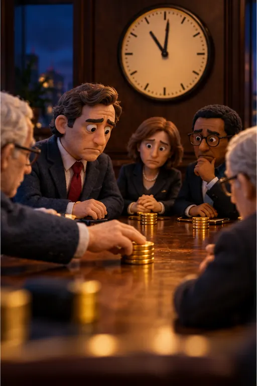 A wall clock above the boardroom table nears the deadline while one investor slides a small pile of coins forward and others hold back.