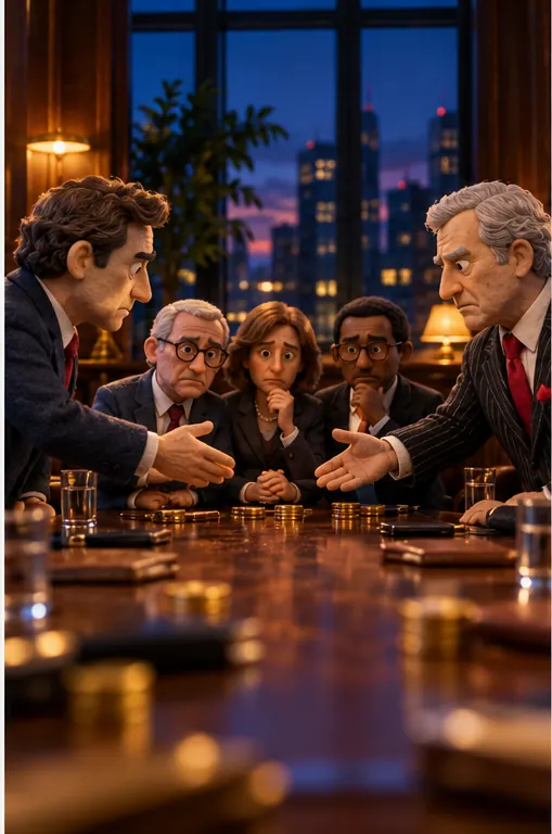 The businessman's attention turns to a second, rival company's figure across the room, both reaching toward the same group of well-dressed buyers.