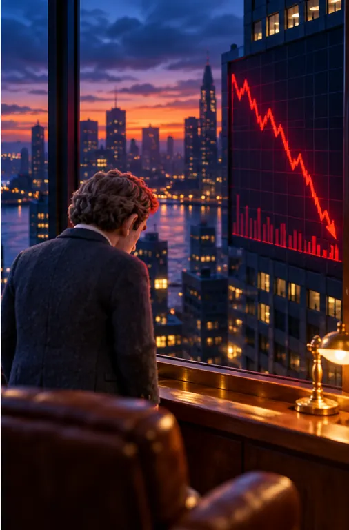 Outside the tower windows, a city at dusk with a large market display board showing a falling red line, the businessman looking out with shoulders lowered.