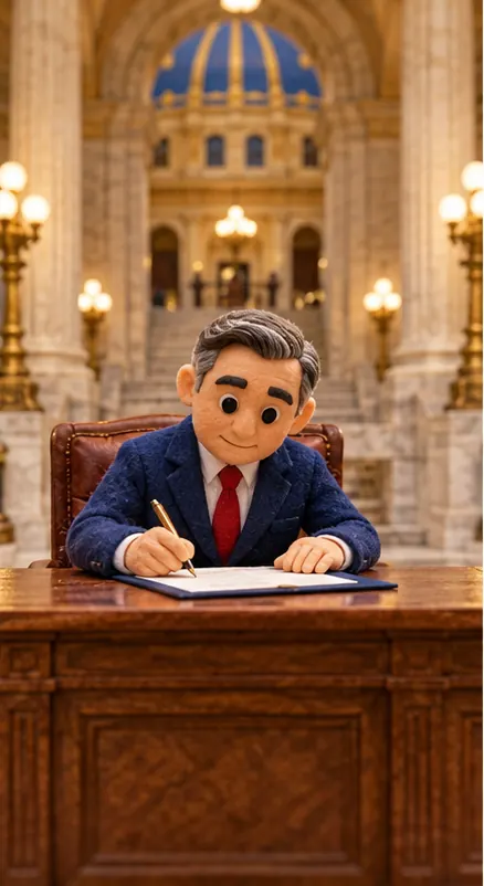 A governor signs a bill at a desk in the Pennsylvania capitol. A plain carved wooden desk, no crests or emblems.