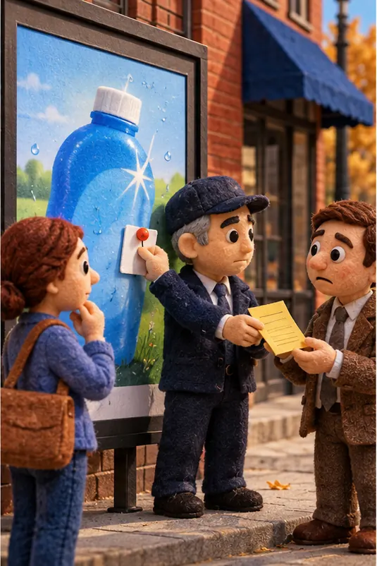 A shopper looks at a too-perfect advertisement image of a product; an inspector pins a small label to it and hands the advertiser a fine slip.