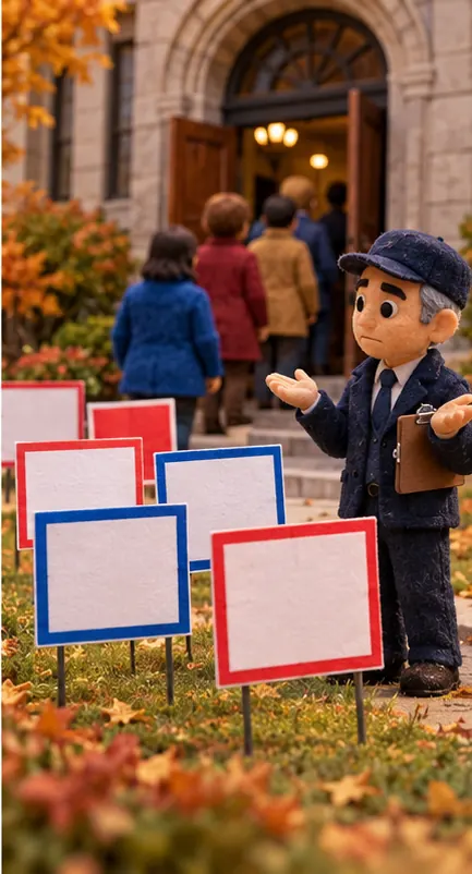 Election yard signs with blank faces stand outside a polling place, untouched by the inspector, who shrugs.