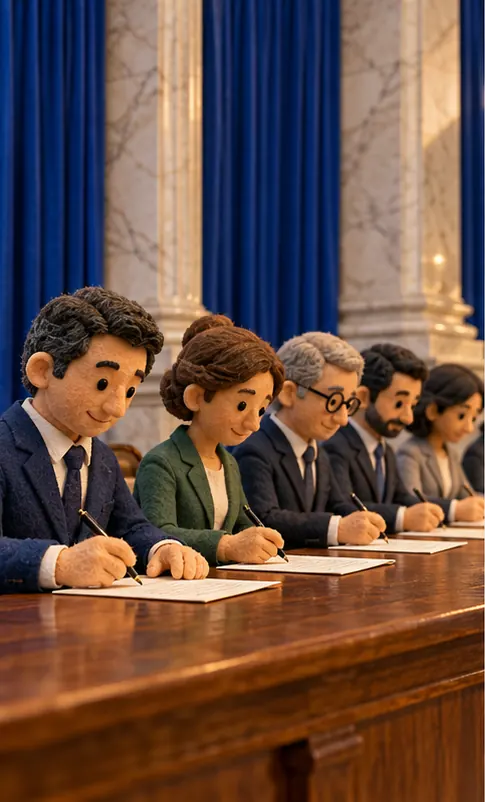 A diplomat signs a declaration at a long table in a State Department hall, joining a row of other delegates. Plain blue curtains and marble behind, no flags or emblems.