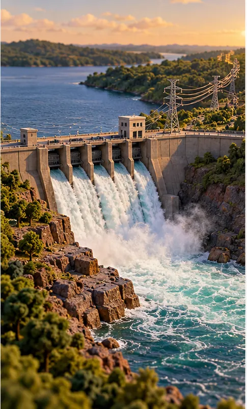 A great hydroelectric dam with rushing water beside mineral rocks, its power lines stretching off toward the horizon.