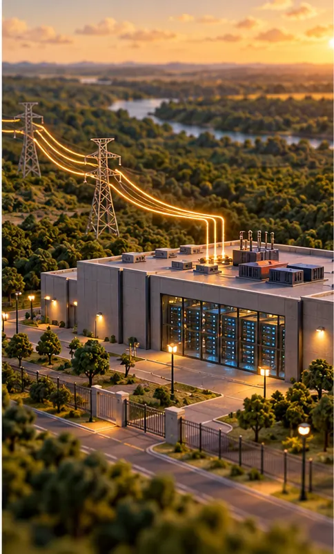 Power lines run from the dam to a new data center building at Yguazú, a small trickle of power starting to flow in.