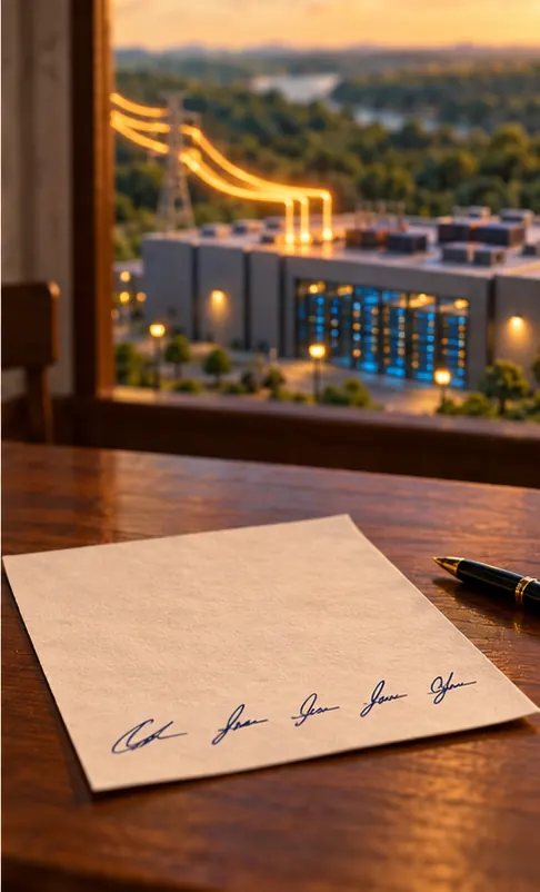 The plain signed declaration, with no emblem, lies loose and unbound on the table, while the power cable to the data center glows brightly.