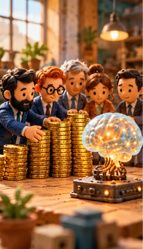 Investors gather around a glowing robot-brain model on a table, pushing a large stack of coins toward it.