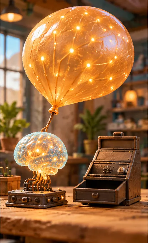 A valuation balloon tied to the robot-brain nearly doubles in size, while the cash register beside it stays empty.