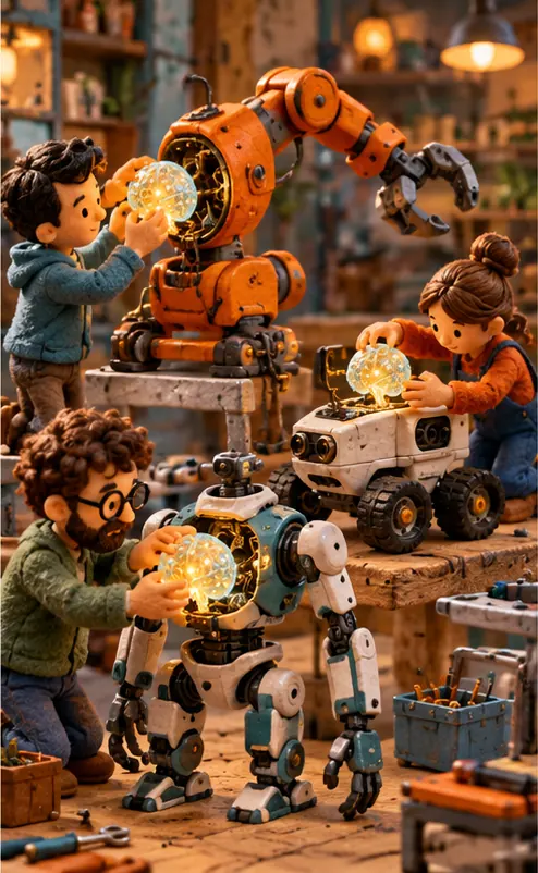 Developers plug the glowing brain into their own different robots in a workshop: a robot arm, a wheeled robot, a walking robot.