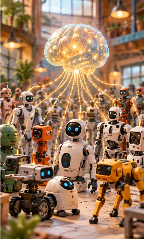 The glowing brain floats above a crowd of many different robot bodies from different makers.