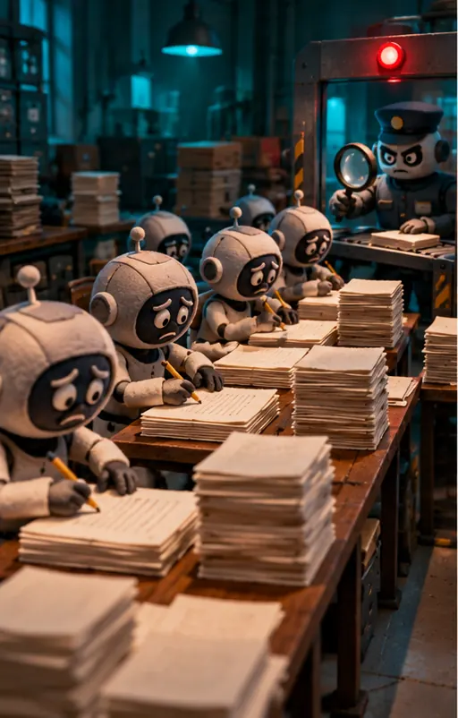 Several small clay robot agents sit in a row writing stacks of papers, while a guard robot with a magnifying glass stands at a checkpoint gate.