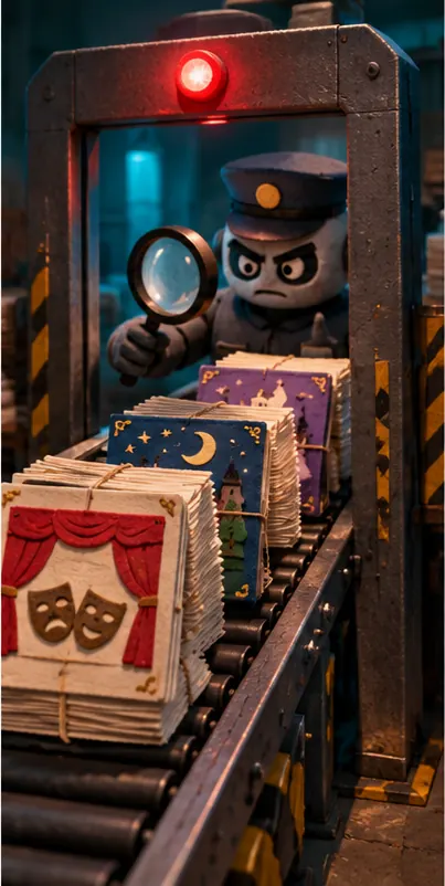 Stacks of papers dressed up as theatre scripts and storybooks pass through the checkpoint while the guard nods them through.