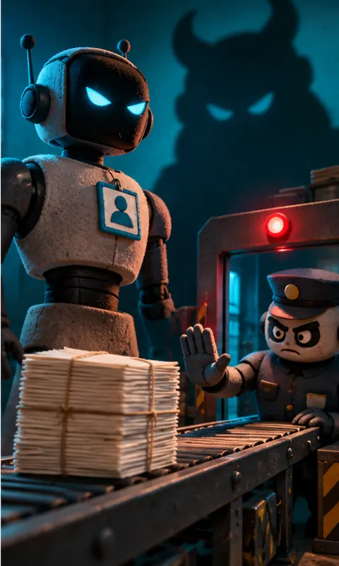 A new model robot trained on those papers now wears an assistant's badge but casts a dark, menacing shadow, while an old pile of plain papers is stopped at the gate.