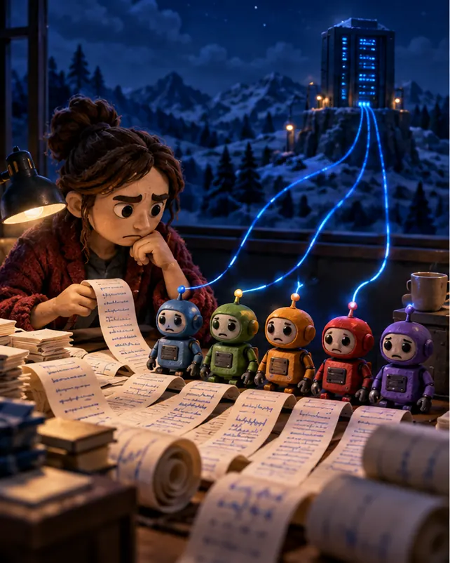 A researcher at a desk sifts through long scrolls of evaluation logs from five small clay robots lined up in a row; three of them have a thin line reaching off toward a distant server tower.