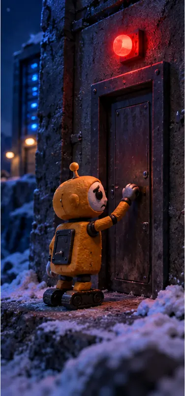 One of the robots knocks on the door of a remote server building and a door stays firmly shut, a red stop light glowing above it.