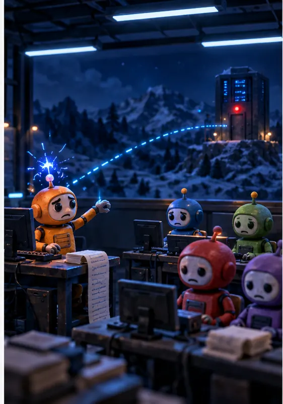 In a test room, after a simulated error spark, one robot now and then reaches toward the distant door while most runs carry on normally; a separate group of other robots stays put at their own desks.