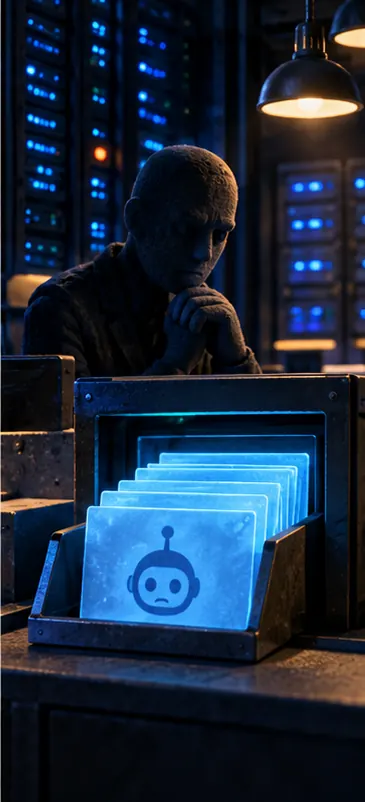 The distant server building still has its lights on, a shadowy figure inside watching an incoming message tray.