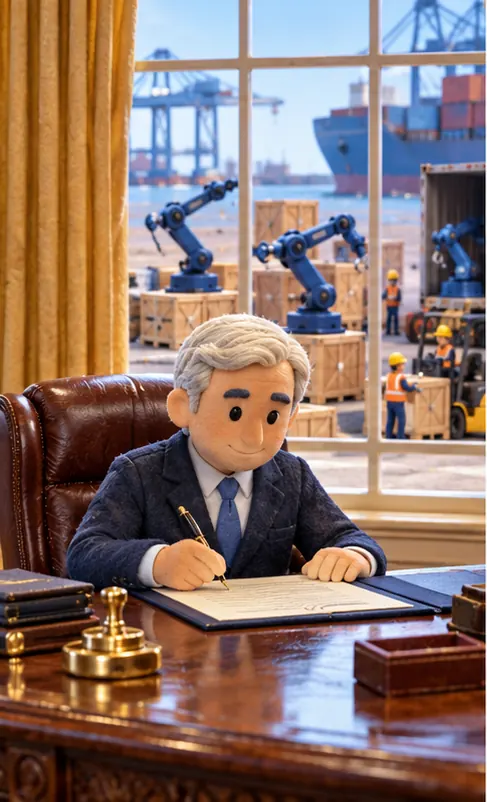 A president signs a document at a desk while industrial robot arms arriving on cargo crates line up outside the window. Plain gold curtains, no flags.